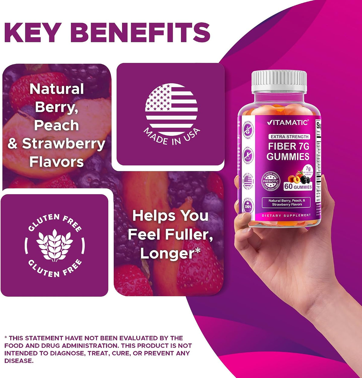 Vitamatic Prebiotic Fiber Gummies for Adults – 7g Fiber per Serving – 60 Pectin-Based Gummies Extra Strength, Zero Sugar Added – Supports Digestive Health & Regularity – Non-GMO, Vegan, Gluten-Free
