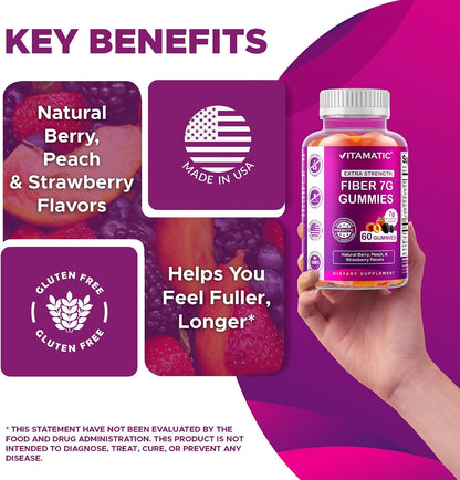 Vitamatic Prebiotic Fiber Gummies for Adults – 7g Fiber per Serving – 60 Pectin-Based Gummies Extra Strength, Zero Sugar Added – Supports Digestive Health & Regularity – Non-GMO, Vegan, Gluten-Free