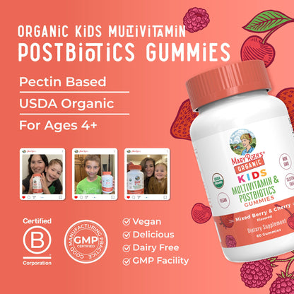 MARYRUTH'S Kids Vitamins USDA Organic | Multivitamin Gummies + Postbiotics for Ages 4+ | Multivitamin for Kids with Lactobacillus Rhamnosus | Children’s Vitamins | Vegan | Non-GMO | 60 Count
