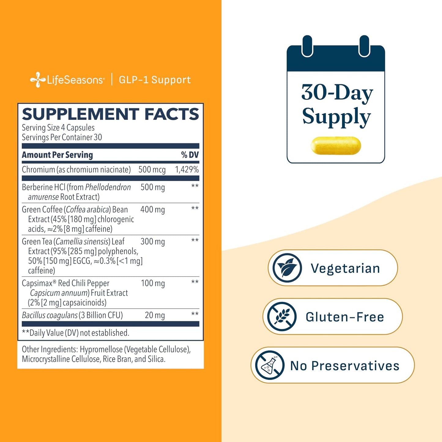 LifeSeasons GLP-1 Support Supplement – Appetite Control, Weight Management, Metabolism Booster with Berberine, Chromium, EGCG, Green Coffee Bean & Red Chili Peppers - 120 Capsules