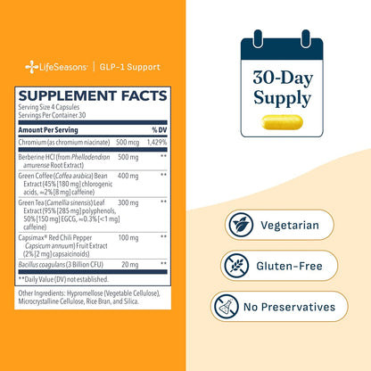 LifeSeasons GLP-1 Support Supplement – Appetite Control, Weight Management, Metabolism Booster with Berberine, Chromium, EGCG, Green Coffee Bean & Red Chili Peppers - 120 Capsules