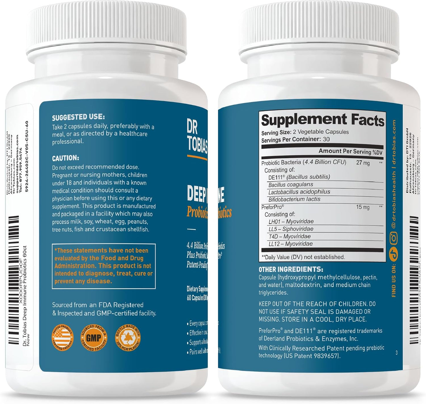 Dr. Tobias Deep Immune Probiotic + Prebiotic 60 Capsules | Gut Health | Dual Action Gut & Immune Support | DE111 Spore Forming Probiotics + PreforPro | Targeted Release | Shelf Stable | 30 Servings
