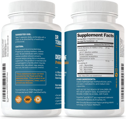 Dr. Tobias Deep Immune Probiotic + Prebiotic 60 Capsules | Gut Health | Dual Action Gut & Immune Support | DE111 Spore Forming Probiotics + PreforPro | Targeted Release | Shelf Stable | 30 Servings