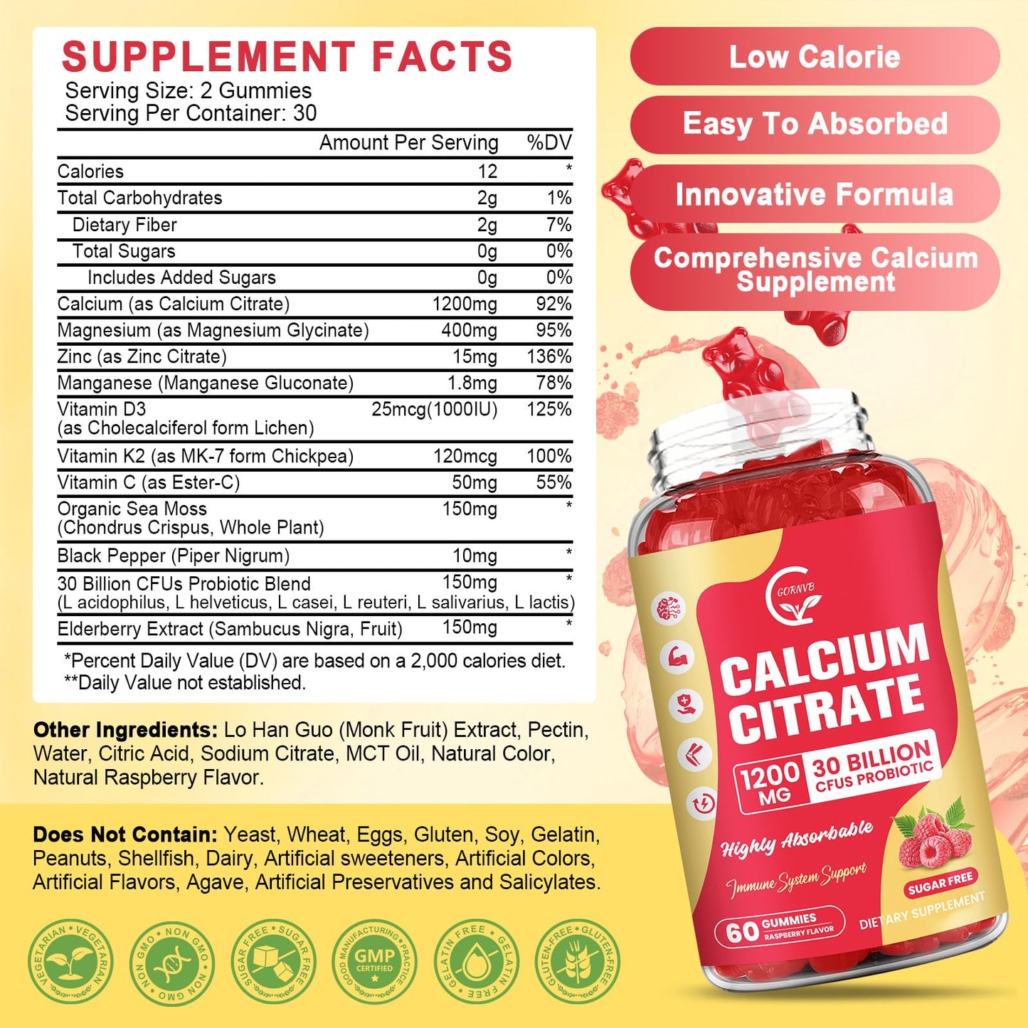 (2 Pack) Sugar Free Calcium Citrate Gummies 1200 mg with Vitamin d3, K2, Magnesium, Zinc for Bone, Muscle & Immune Support, High Absorption Calcium Supplement for Women, Raspberry Flavor, 60 Chews