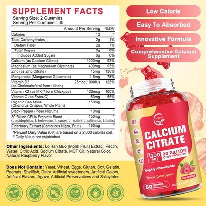 (2 Pack) Sugar Free Calcium Citrate Gummies 1200 mg with Vitamin d3, K2, Magnesium, Zinc for Bone, Muscle & Immune Support, High Absorption Calcium Supplement for Women, Raspberry Flavor, 60 Chews