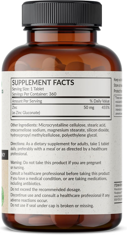 Futurebiotics Zinc 50 MG High Potency, 1 Year Supply - Non-GMO 360 Vegetarian Tablets
