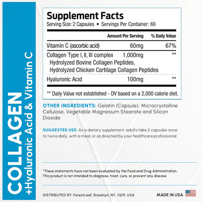 ForestLeaf Multi Collagen Pills with Hyaluronic Acid + Vitamin C | Hydrolyzed Collagen Supplements for Women or Men | Multi Collagen Capsules Peptides for Skin, Wrinkles, 120 Caps