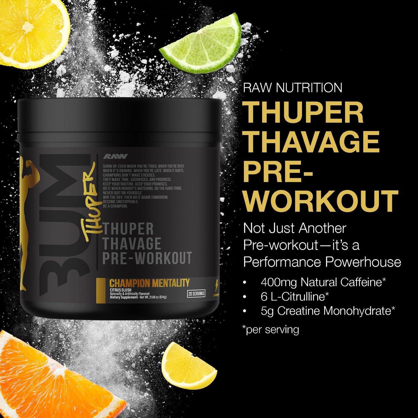 RAW Thuper Thavage Pre Workout Powder - High-Stim Preworkout with Creatine, Beta Alanine, L-Citrulline & Caffeine - Chris Bumstead Gym & Fitness Supplement for Men & Women - Watermelon Grape