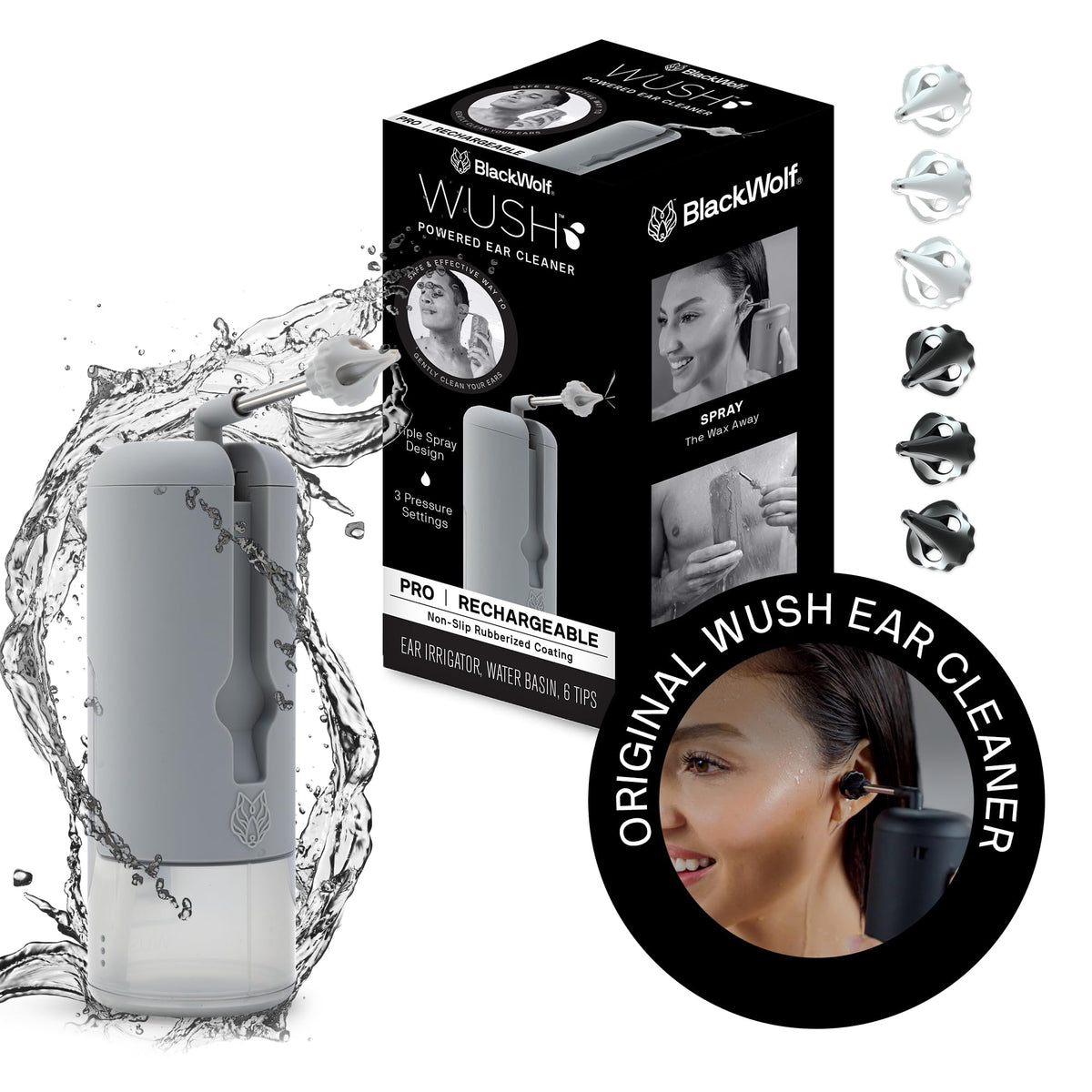 Wush Pro by Black Wolf - The Original Deluxe Water Powered Ear Cleaner with 6 Reusable 