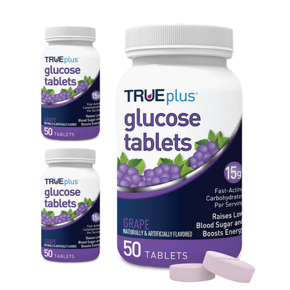 TRUEplus Glucose Tablets, Grape, Raspberry, Orange Flavors, 50 Count | Chewable Tablets, 15g Fast-Acting Carbohydrates, Fat Free, Gluten Free, Boosts Energy, Great Tasting and Easy to Use