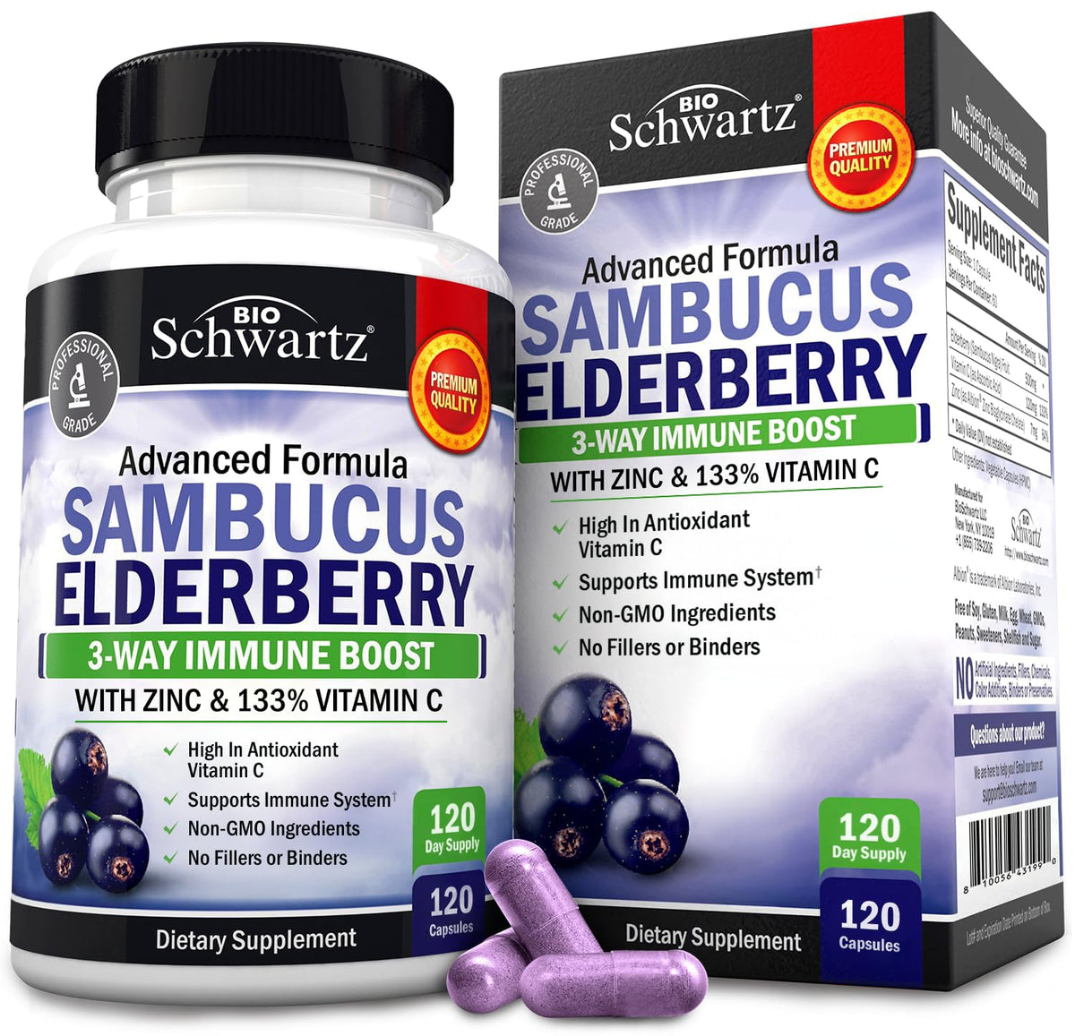 Elderberry Capsules with Zinc and Vitamin C for Adults, 60 Count