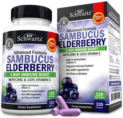 Elderberry Capsules with Zinc and Vitamin C for Adults, 60 Count