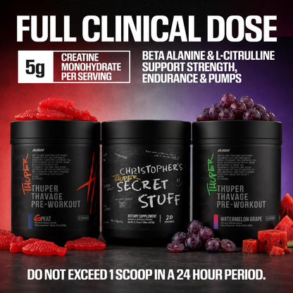 RAW Thuper Thavage Pre Workout Powder - High-Stim Preworkout with Creatine, Beta Alanine, L-Citrulline & Caffeine - Chris Bumstead Gym & Fitness Supplement for Men & Women - Watermelon Grape
