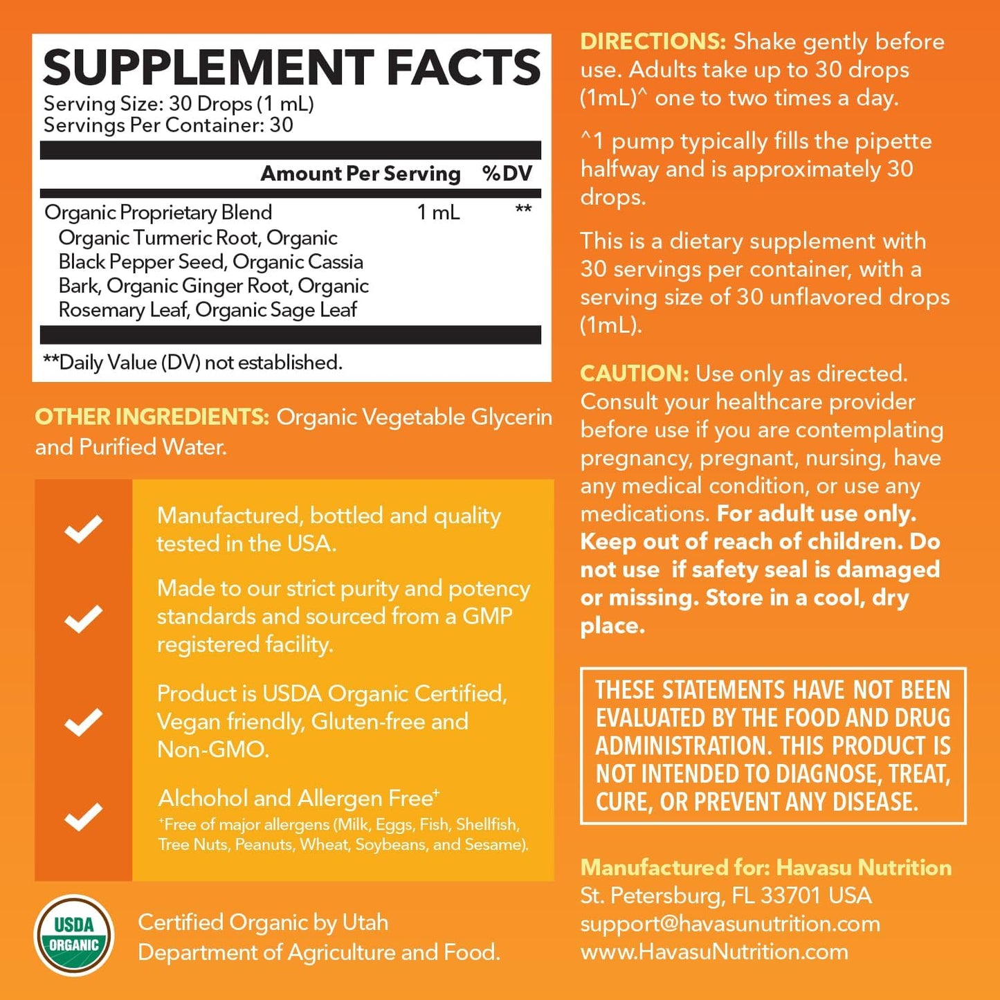 Organic Turmeric Supplement Liquid Drops, Unflavored,1 Fl Oz, 30 Servings | Liquid Turmeric with Black Pepper, USDA Certified, Vegan, Non-GMO 1000mg Curcumin for Movement and Immune Support