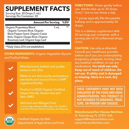 Organic Turmeric Supplement Liquid Drops, Unflavored,1 Fl Oz, 30 Servings | Liquid Turmeric with Black Pepper, USDA Certified, Vegan, Non-GMO 1000mg Curcumin for Movement and Immune Support
