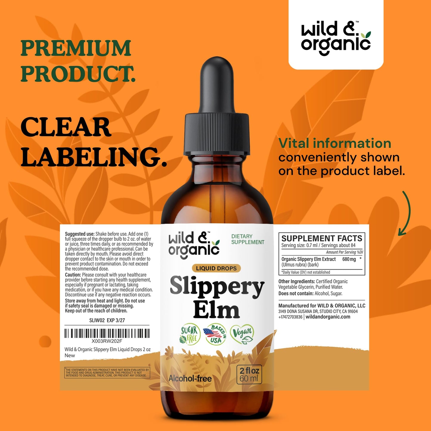 Wild & Organic Slippery Elm Liquid Drops - Lung, Digestive & Women's Support - Slippery Elm Bark Supplement - Add to Tea Tincture - Ulmus Rubra Herb - Vegan, Sugar & Alcohol-Free - 4 fl oz