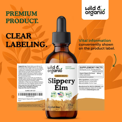 Wild & Organic Slippery Elm Liquid Drops - Lung, Digestive & Women's Support - Slippery Elm Bark Supplement - Add to Tea Tincture - Ulmus Rubra Herb - Vegan, Sugar & Alcohol-Free - 4 fl oz