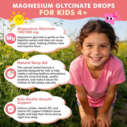 Magnesium Glycinate Liquid Drops for Kids 4+, Magnesium Glycinate 100/200 mg for Sleep, Relaxation & Calm Support, 11 in 1 Natural Gentle Sleep Aid for Kids, Sugar Free Strawberry Flavor, 2 Fl Oz
