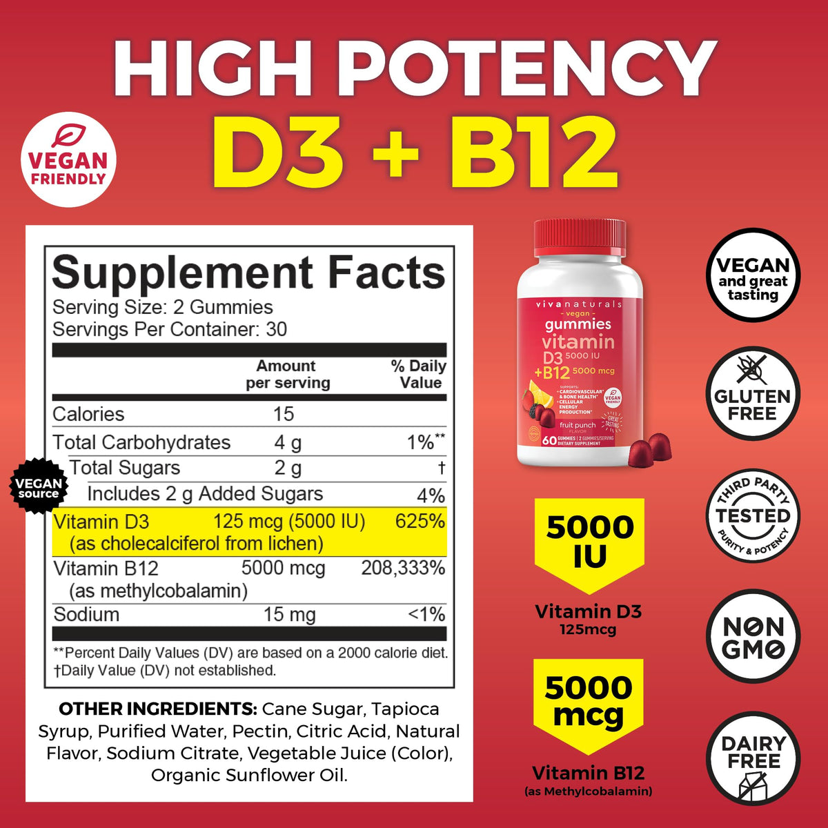 Viva Naturals Plant-Based B12 Gummies with Vitamin D3 - Chewable 5000mcg B12