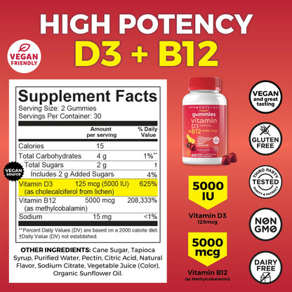 Viva Naturals Plant-Based B12 Gummies with Vitamin D3 - Chewable 5000mcg B12