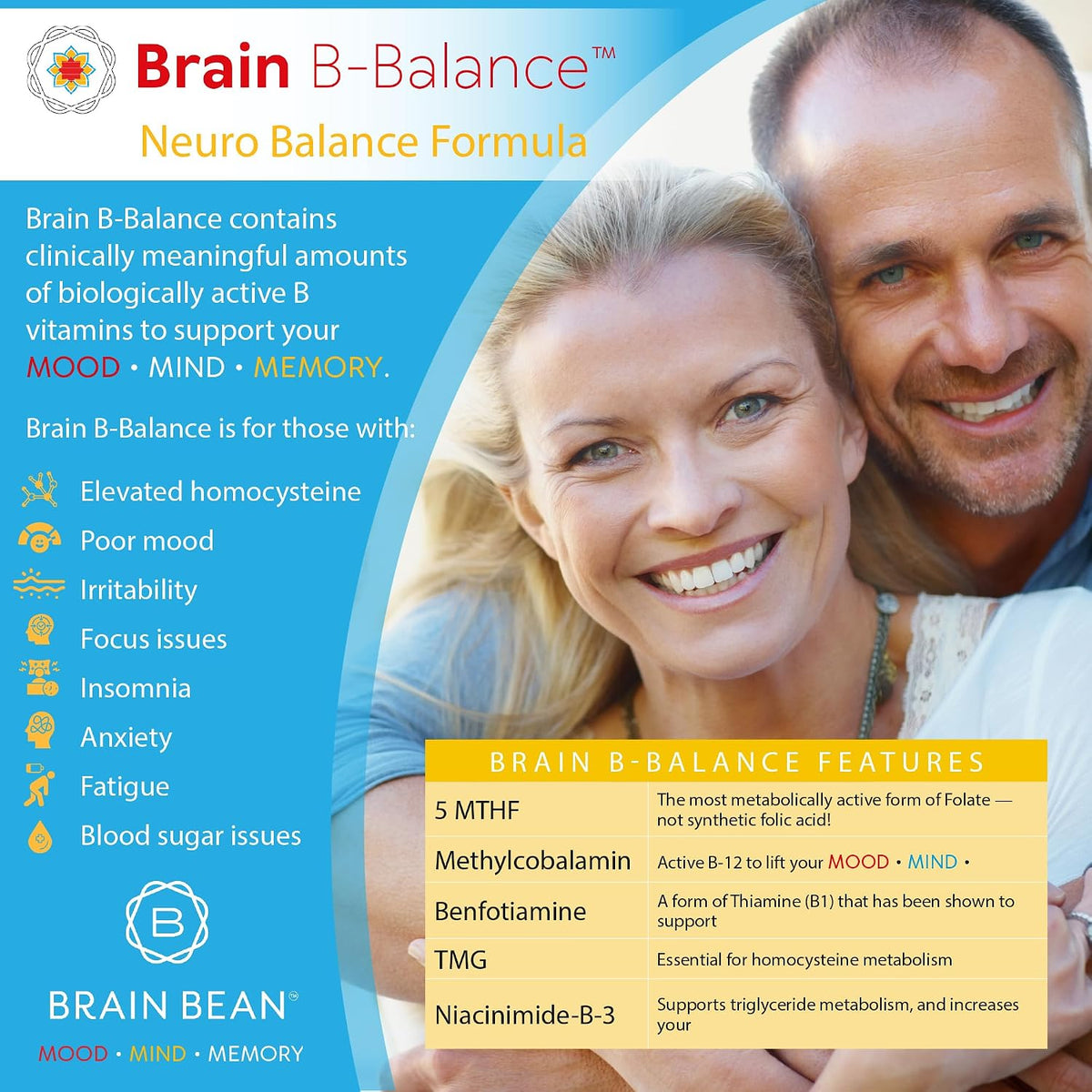 Brain B Balance: Methylated Multivitamin - Methylated B Complex Neurobalance Formula - Methylfolate Supports Mood.Mind.Memory - 60 Vegan Capsules