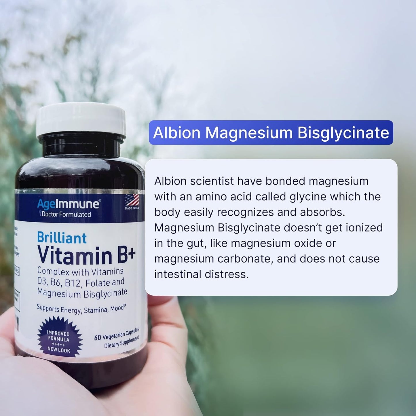 AgeImmune Vitamin B Complex with Vitamin D3 B12 B6 Magnesium Bisglycinate and Folate as Methylfolate - Doctor Formulated Methylated B Complex Supplement – 60 Capsules - Without Niacin