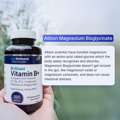 AgeImmune Vitamin B Complex with Vitamin D3 B12 B6 Magnesium Bisglycinate and Folate as Methylfolate - Doctor Formulated Methylated B Complex Supplement – 60 Capsules - Without Niacin