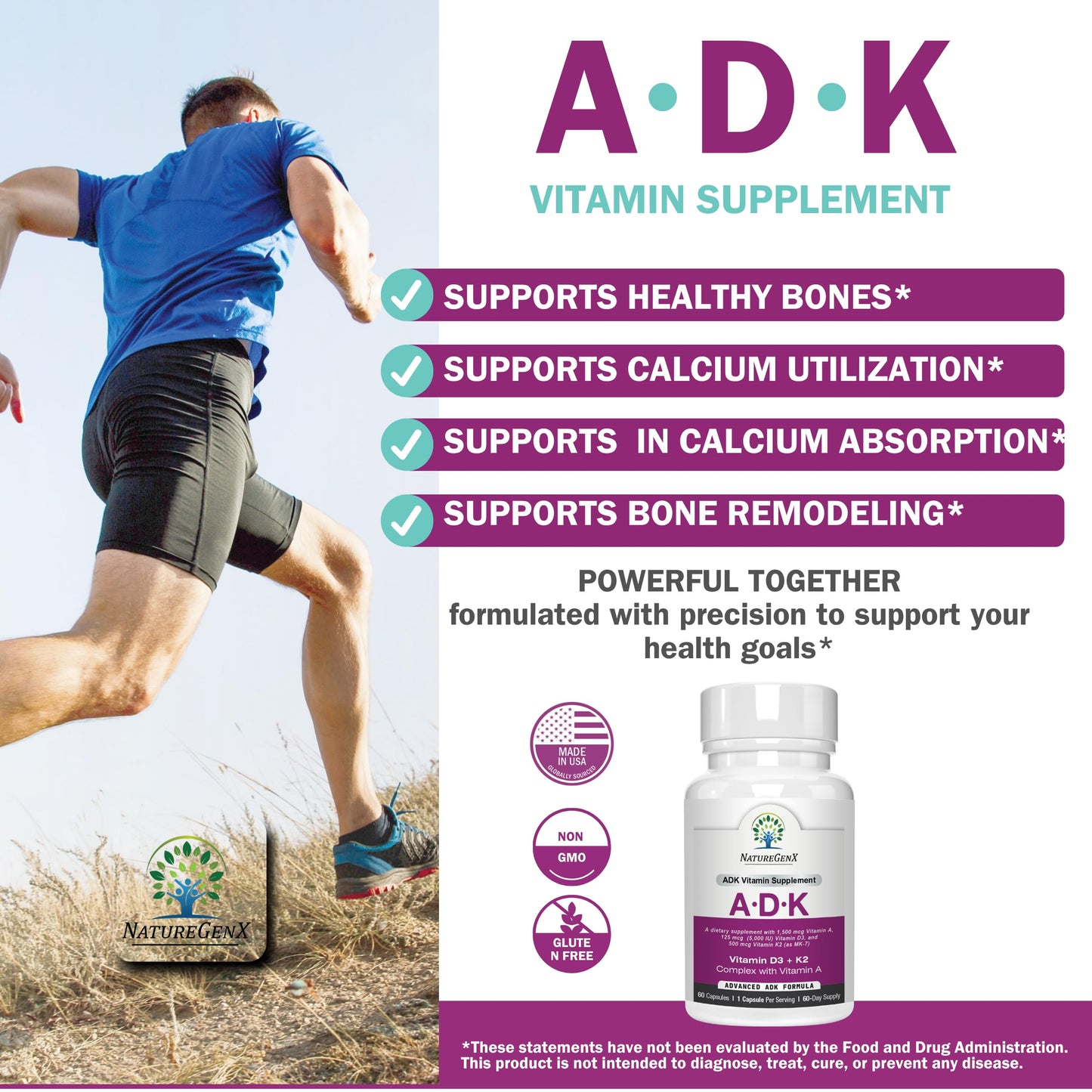 NatureGenX ADK Vitamin Supplement – Vitamins A, D3 & K2 MK-7 for Bone Health & Calcium Absorption – Gluten-Free, Non-GMO, Soy-Free – 60 Capsules (2-Month Supply) | For Bone Health & Calcium Absorption - Immune Support, Gluten-Free, Non-GMO, Soy-Free - 60