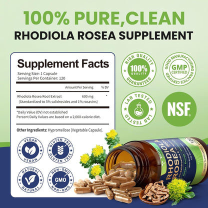 Totaria Rhodiola Rosea Supplement 600mg, 4 Month Supply, 3% Salidrosides 1% Rosavins, Vegan Golden Root Adaptogen Capsules, Rhodiola Rosea Extract Powder, for Stress, Mental Focus, Energy, 120 Counts