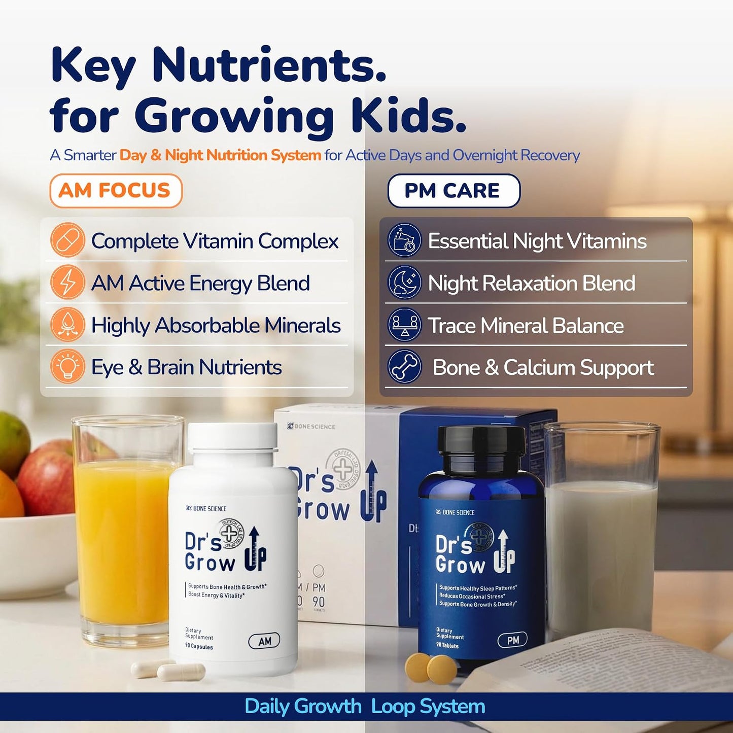 BONE SCIENCE Dr’s Grow UP AM & PM Bone and Growth for Kids and Teens, Day and Night System, Daily Formula with Highly Absorbable Essential Minerals, Vitamin D3 and K2 (MK-7)