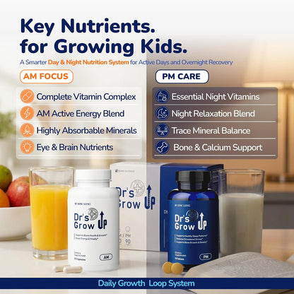 BONE SCIENCE Dr’s Grow UP AM & PM Bone and Growth for Kids and Teens, Day and Night System, Daily Formula with Highly Absorbable Essential Minerals, Vitamin D3 and K2 (MK-7)