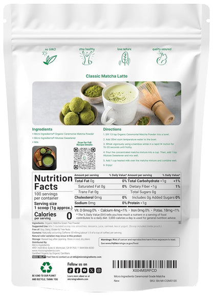 Micro Ingredients Organic Ceremonial Grade Matcha Powder, 100 Servings | Authentic Japanese First Harvest Matcha Green Tea Powder For Barista-Grade Latte, Beverage & Baking