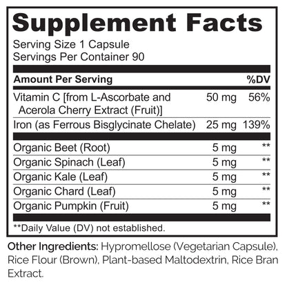 NATURELO Vegan Iron Supplement with Vitamin C and Organic Whole Foods - Gentle Iron Pills for Women & Men with Iron Deficiency Including Pregnancy, Anemia and Vegan Diets - 90 Mini Capsules