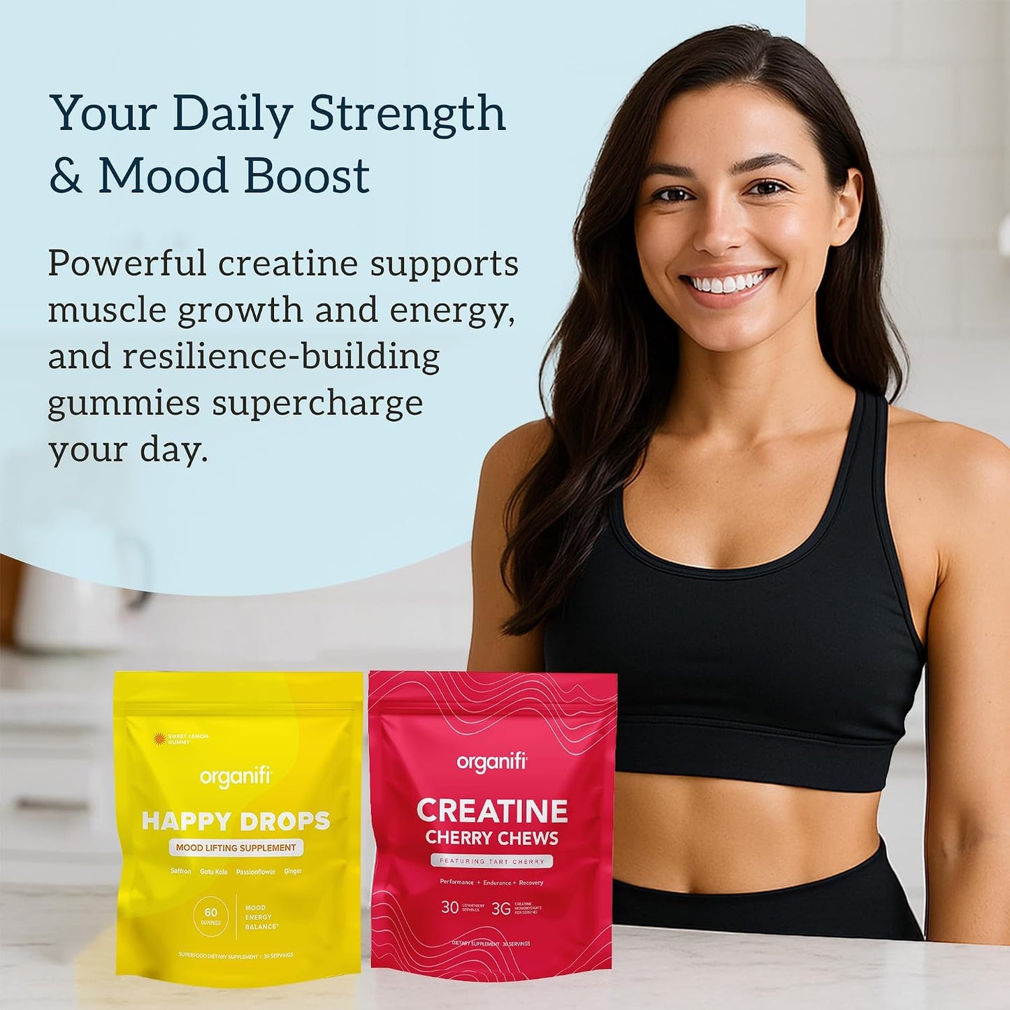 Organifi Strength and Mood Bundle - 30 Servings of Creatine Cherry Chews and Lemon Happy Drops - Delicious Creatine Monohydrate and Calming Saffron Gummies for Men and Women