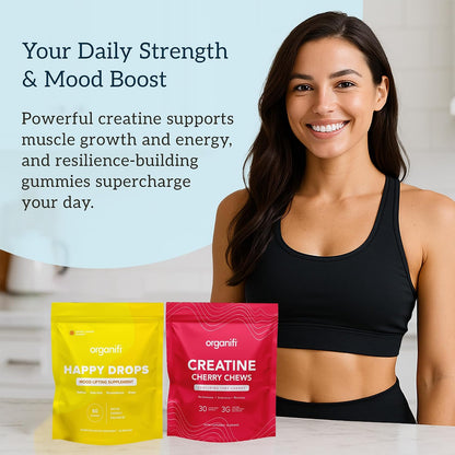 Organifi Strength and Mood Bundle - 30 Servings of Creatine Cherry Chews and Lemon Happy Drops - Delicious Creatine Monohydrate and Calming Saffron Gummies for Men and Women