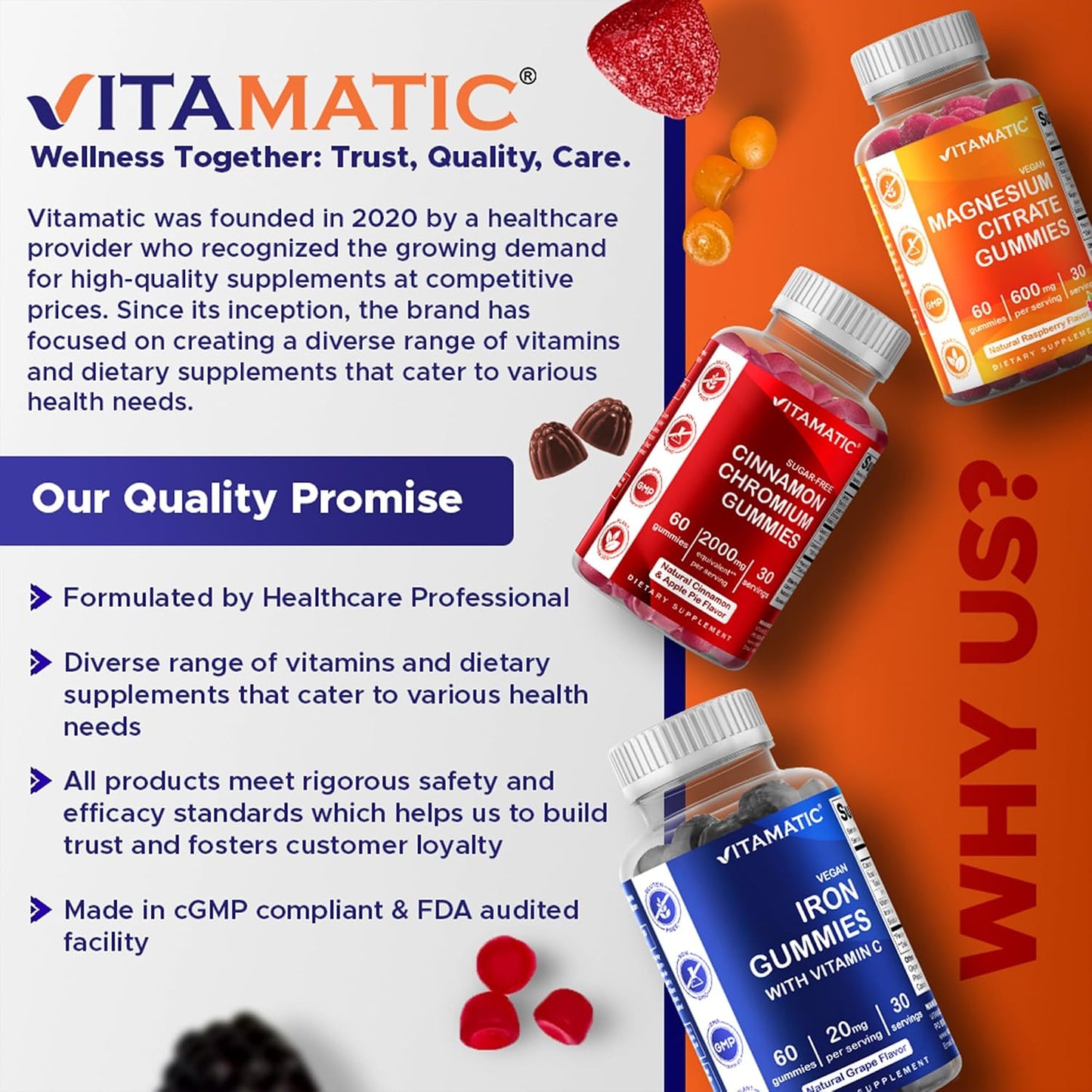 Vitamatic Sugar Free Folic Acid 1 mg Gummies 120 Count Orange Flavor | 1 mg Folic Acid, 1667 mcg DFE per gummy, Healthy cell growth, red blood cell formation, Gluten Free, Non GMO