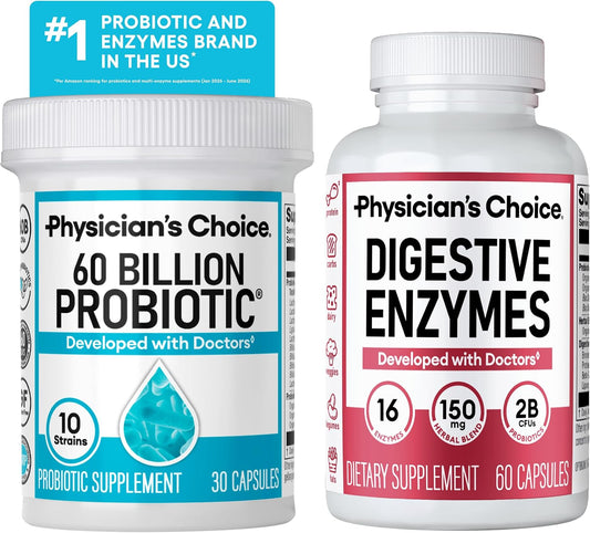 Physician's CHOICE Advanced Gut Health Bundle: 60 Billion Probiotics 30ct + Digestive Enzymes 60ct for Digestive, Gut, and Immune Health Supports Occasional Constipation, Diarrhea, Gas, and Bloating