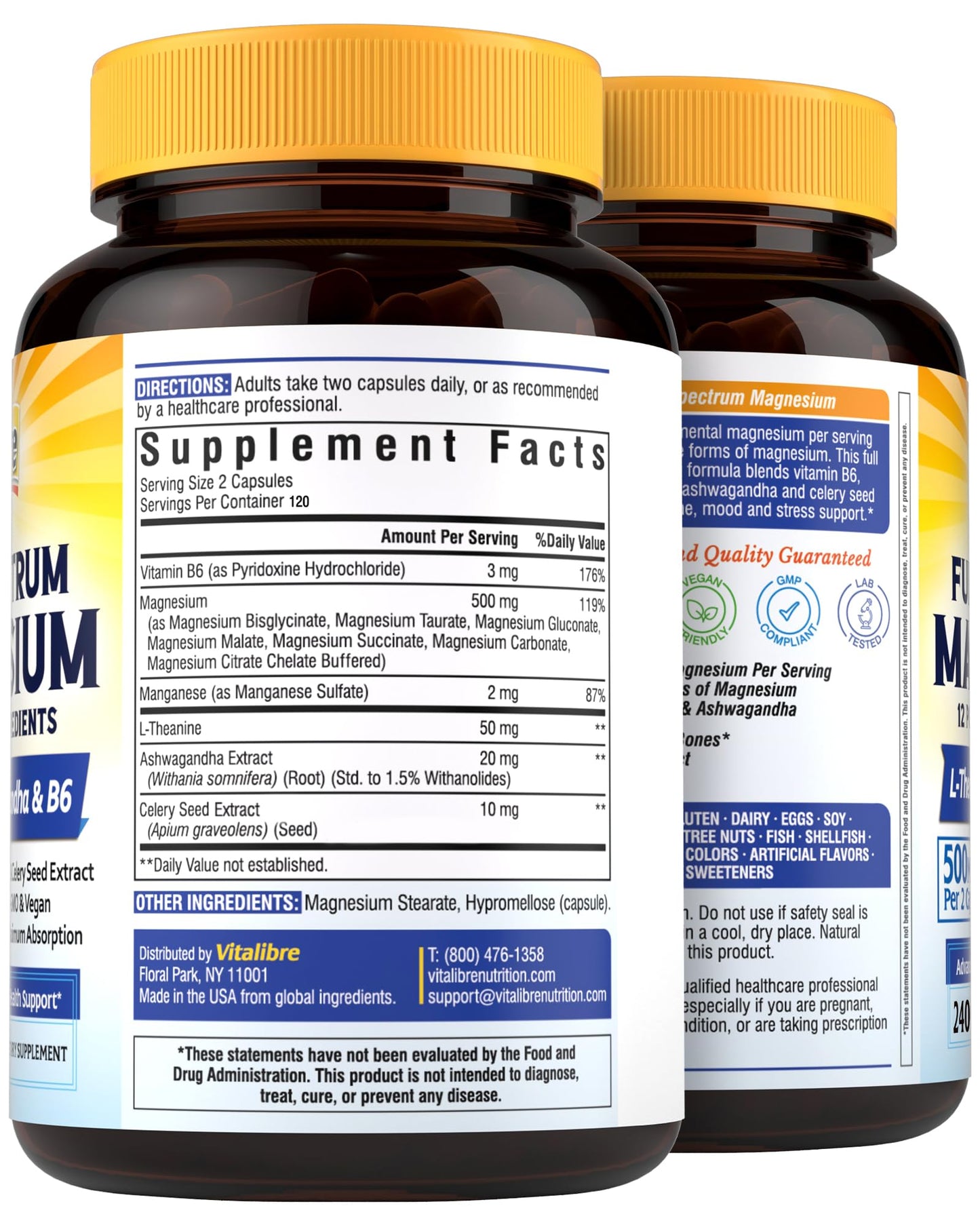 Vitalibre Magnesium Complex 500mg for Women Men, 120 Vegan Capsules | with Ashwagandha, L-Theanine, Vitamin B6 & Celery, High Absorption Magnesium Glycinate, Citrate, Malate, Sleep & Bone Support