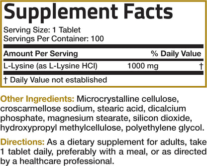 Bronson L-Lysine Extra Strength 1000 MG per Tablet High Potency, Immune Support & Supports Collagen Synthesis, Non-GMO, 100 Vegetarian Tablets