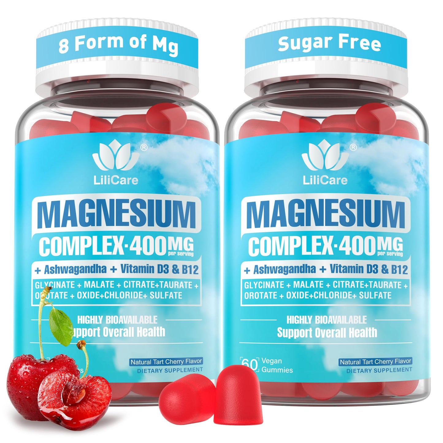 Magnesium Complex Gummies for Women Men 400mg, 8 Forms of Magnesium Glycinate, Citrate, Malate - Sugar Free Calm Magnesium Gummies Supplement with Magnesium Ashwagandha, D3, B12 for Relax,Vegan,120Cts