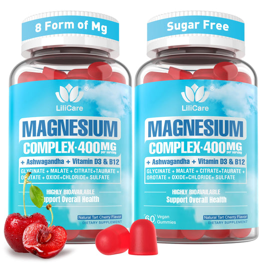 Magnesium Complex Gummies for Women Men 400mg, 8 Forms of Magnesium Glycinate, Citrate, Malate - Sugar Free Calm Magnesium Gummies Supplement with Magnesium Ashwagandha, D3, B12 for Relax,Vegan,120Cts