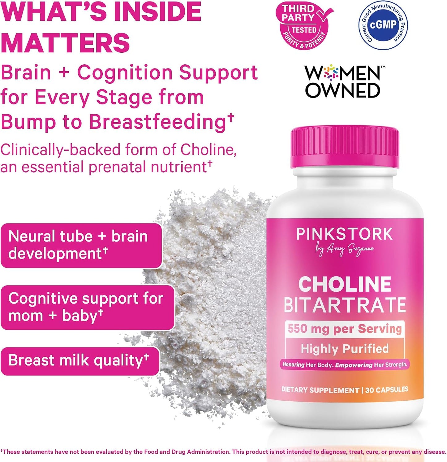 Pink Stork Choline Bitartrate from VitaCholine, 550 mg, 30 Count | Prenatal Vitamin for Pregnancy + Postpartum Moms, Fetal Cognitive Health + Breast Milk Quality, Maternal Cognition + Clarity