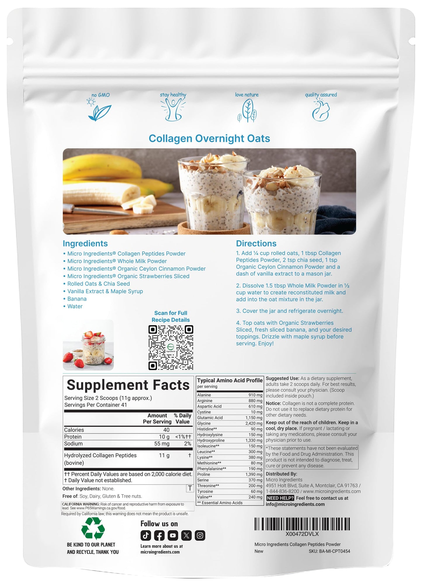Micro Ingredients Hydrolyzed Collagen Peptides Powder, 1 lb | Type I & III Collagen for Women & Men | Unflavored Bovine Collagen Protein | Easy Dissolve, Paleo, Non-GMO