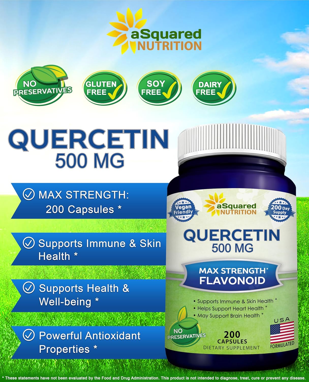 Quercetin 500mg Supplement - 200 Capsules - Dihydrate Powder Complex Pills | Max Strength Quercetin Dihydrate Supplements to Support Cardiovascular Health & Help Improve Immune Response