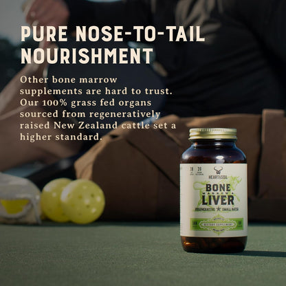 HEART & SOIL Bone Marrow & Beef Liver, 180 Capsules | 100% grass fed & finished from regenerative cattle. Supports bones, joints, tissue & skin. 3000mg for women & men.