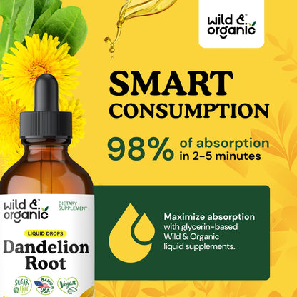 Wild & Organic Dandelion Root Extract Drops - Liver Cleanse Detox - Herbal Dandelion Tincture - Liver Support Supplement - Add to Tea - Vegan, Sugar & Alcohol-Free Liquid Drops - 4 fl oz