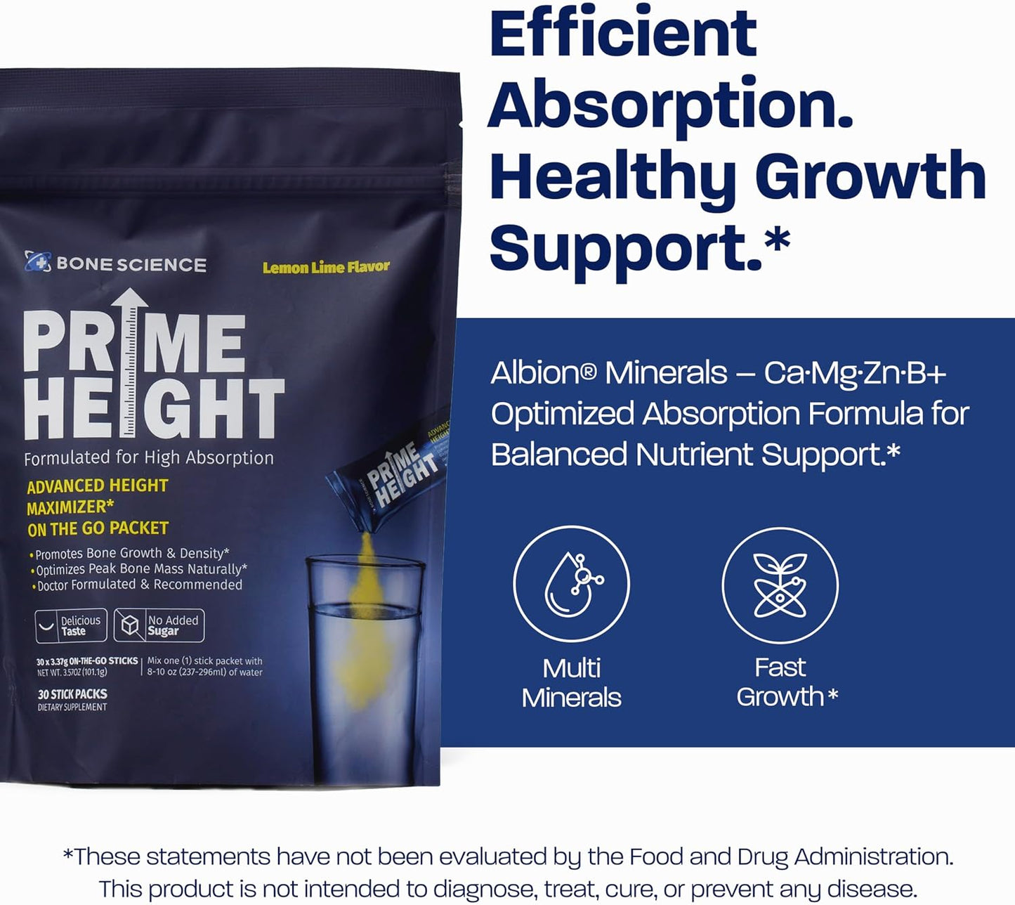 BONE SCIENCE PrimeHeight Multivitamin Powder for Kids & Teens, Bone & Immune Support, Sugar-Free Lemon Lime Flavor, 16 Key Nutrients, Easy Drink Mix, 30 Sticks