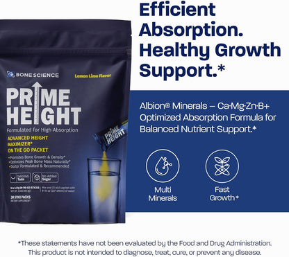 BONE SCIENCE PrimeHeight Multivitamin Powder for Kids & Teens, Bone & Immune Support, Sugar-Free Lemon Lime Flavor, 16 Key Nutrients, Easy Drink Mix, 30 Sticks