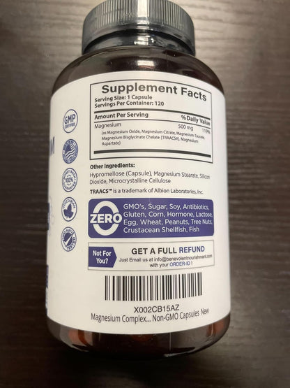 Premium Magnesium Capsules 500mg, High Absorption Formula Chelated Buffered Citrate to Support Digestion, Bone, Sleep & Muscle Health – Magnesium Complex - 120 Capsules
