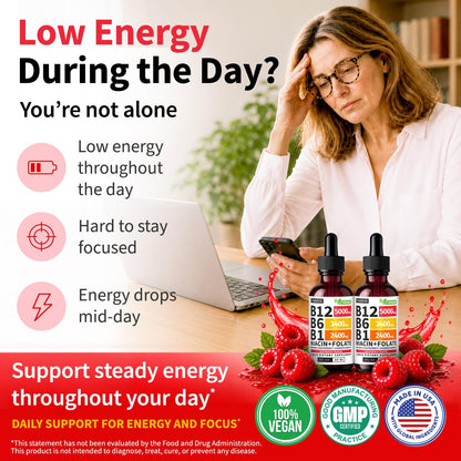 NUSAVA (2 Pack) Vitamin B12 Liquid Drops with B6, B1, Niacin & Folate — B12 Sublingual Vitamin B Complex, Methylcobalamin 5000 mcg, for Energy, Brain & Heart Support, Raspberry Flavor, 80 Servings